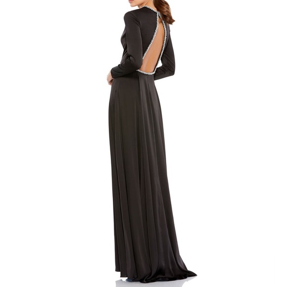 Mac Duggal Black Satin Long Sleeve Silver Rhinestone Trim Open Back Gown 26524 - Picture 6 of 14